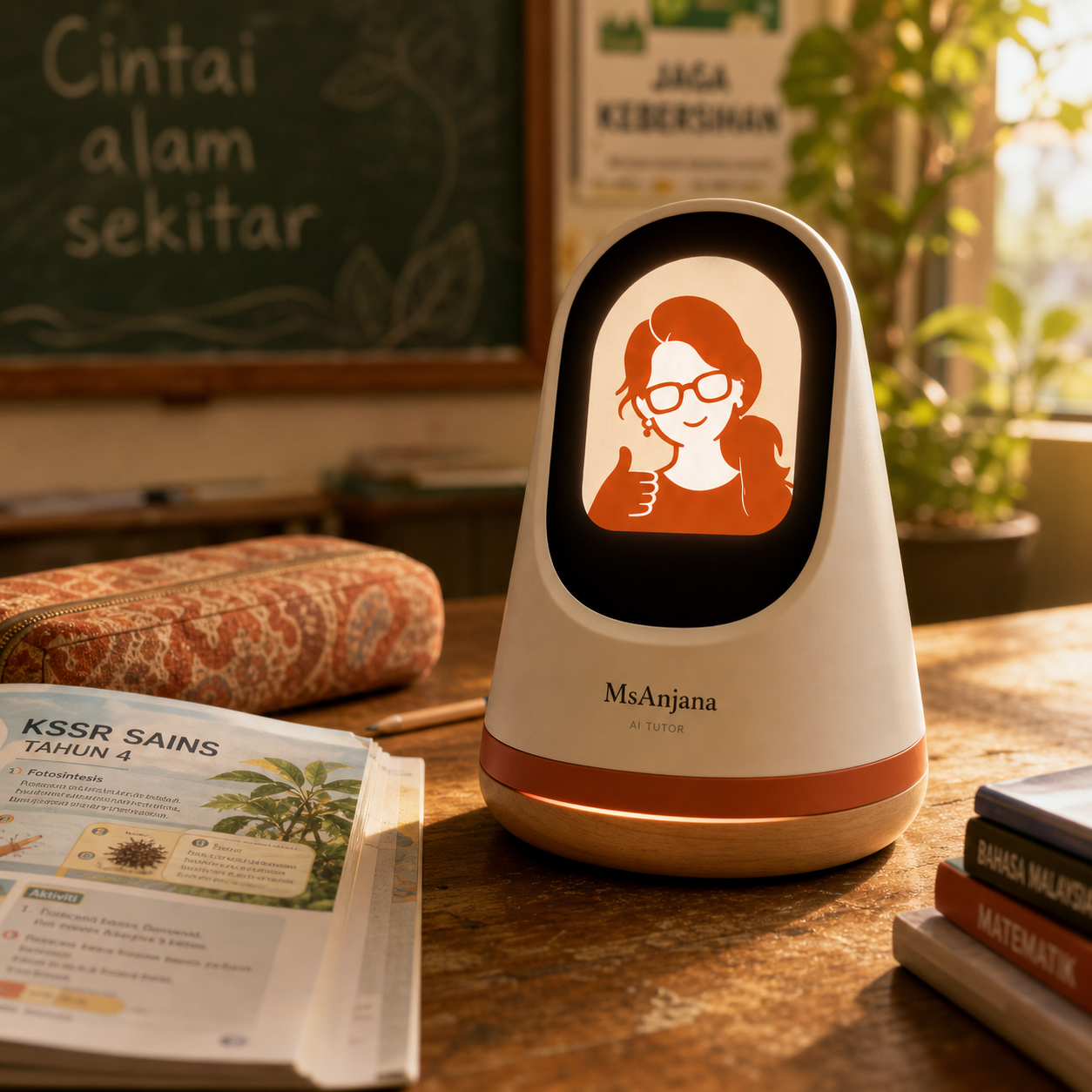 MsAnjana — lamp-scale AI tutor device on a study desk in a Malaysian tuition centre, with the Ms Anjana persona on the display, KSSR Sains textbook and batik pencil case nearby