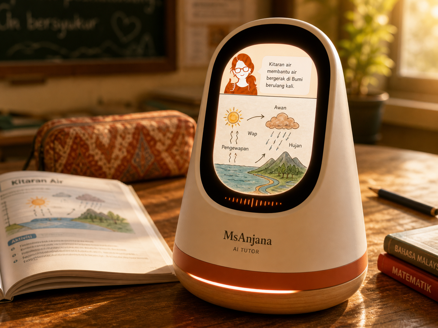 MsAnjana lamp device showing a hand-drawn water cycle diagram on its display, with persona avatar and BM caption