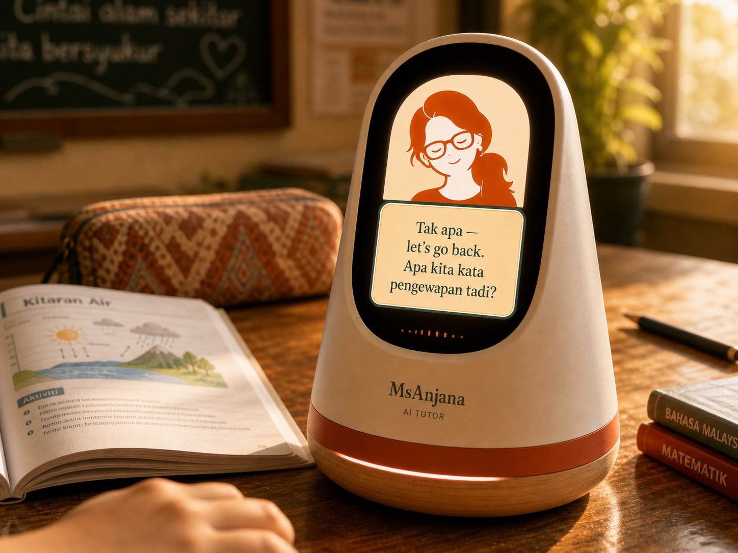 MsAnjana lamp device with a patient persona expression, hint card on the display, child's hand visible nearby